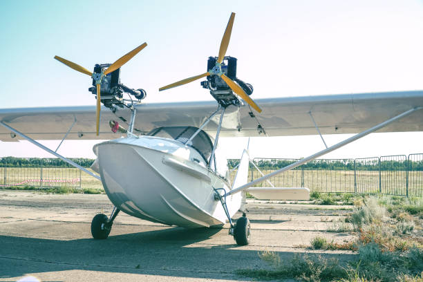 istock Light twin-engine amphibious aircraft at the airport 1077769038