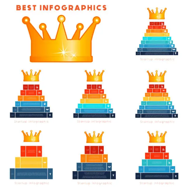 Vector illustration of Infographic set of modern templates for 3,4,5,6,7,8,9 steps, processes, options, parts, presentations. Pyramids of steps to success. Business startup