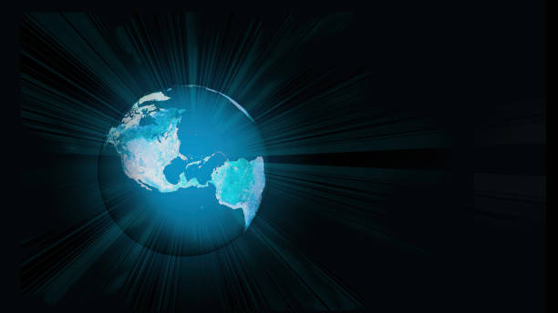 Glowing Teal Blue Earth in Space - Light Beams - Illuminated Planet Earth on Black Background