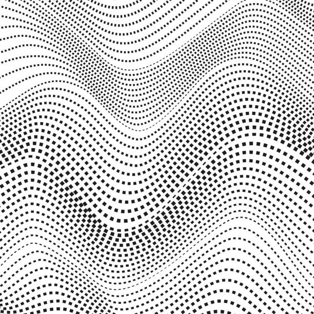 검정 점선 흔들며 라인.  흰색 바탕에 간단한 파형입니다. 벡터 라인 아트 패턴입니다. 흑백 가로 아트 디자인입니다. 추상 하프톤 컴퓨터 그래픽입니다. 기술 개념입니다. eps10 그림 - textured sine wave spotted halftone pattern stock illustrations