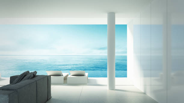 istock Interior of Beach living on Sea view and luxury modern / 3d rendering 1077777878