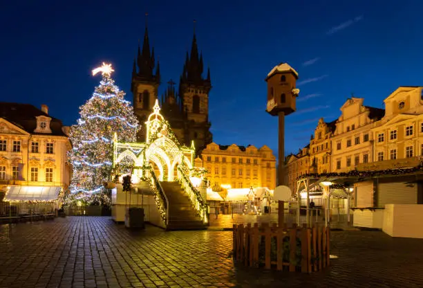 Photo of Christmas tree and Christmas market in the center of Prague, Czech Republic