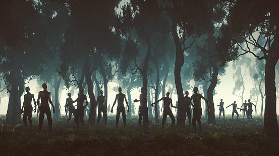 Zombie hordes in the forest at night.