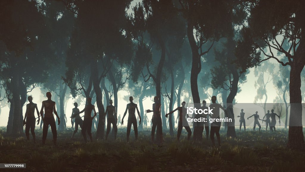 Zombie hordes in the forest at night Zombie hordes in the forest at night. Zombie Stock Photo