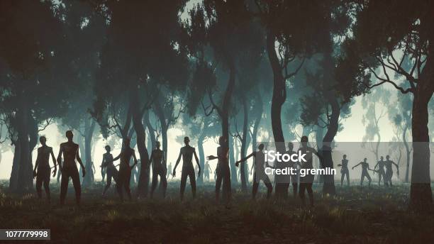 Zombie Hordes In The Forest At Night Stock Photo - Download Image Now - Zombie, In Silhouette, Apocalypse