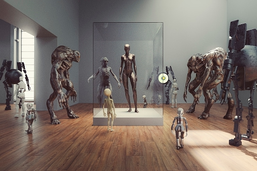 Futuristic alien museum with homo sapiens exhibition.