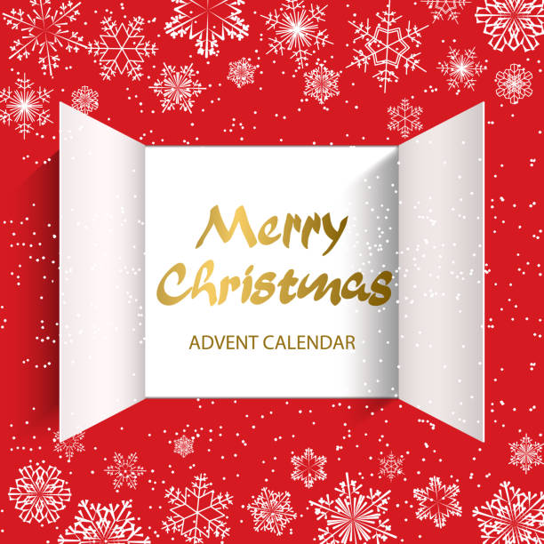 Advent Calendar Doors opening Christmas advent calendar doors open and golden letters. White snowflakes on a red background. Vector illustration advent calendar stock illustrations