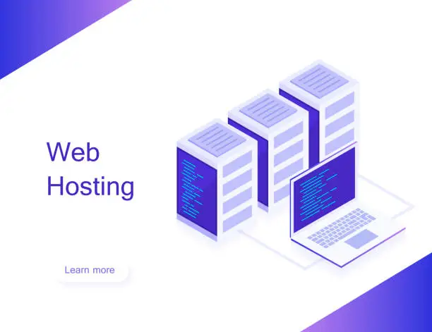 Vector illustration of Concept of web hosting .Vector isometric map with business networking servers and laptop.Cloud storage data and synchronization of devices.3d isometric style. Modern vector ilustration