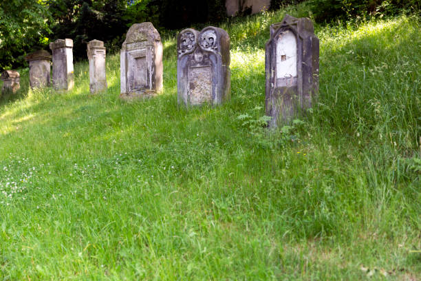 istock Old tombstone in cemetery, background with copy space 1077790358