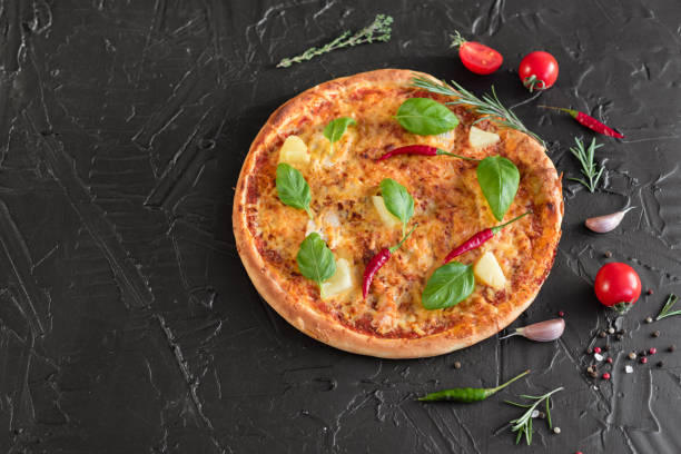Pizza, food, vegetable, margarita.  Vegetables, mushrooms and tomatoes pizza on a black wooden background