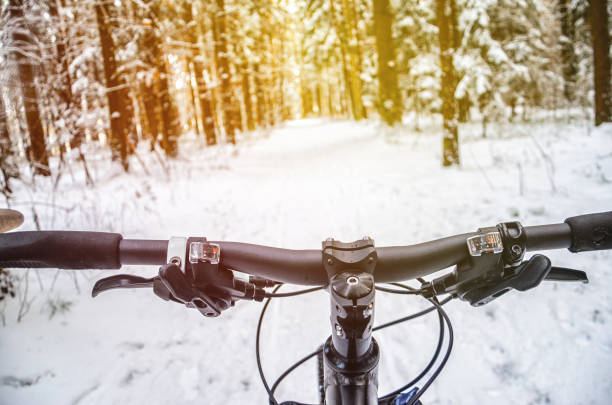 First-person view of cyclist in the winter forest. Wnter mountain bike concept