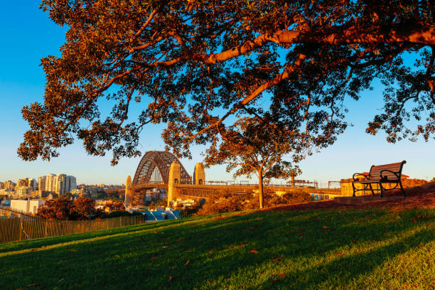 An overlooking view of Sydney’s Harbour Bridge from Sydney Observatory stock photo