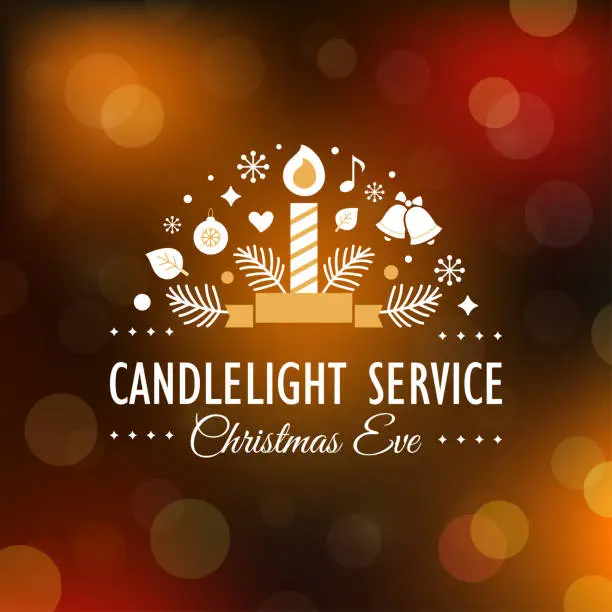 Vector illustration of Christmas Eve Candlelight Service Invitation. Blurry Bokeh Background