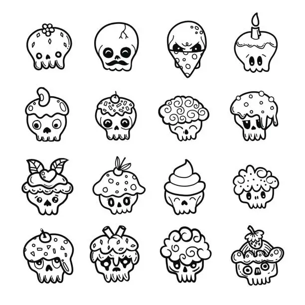 Vector illustration of Set of different skull charactres of various cup cakes with toppings. Isolated on background