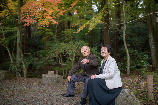 Senior couple taking a break in forest