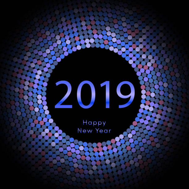 Blue discoball New Year 2019 greeting poster. Happy New Year circle disc with particle. Glitter gray dot pattern. Vector illustration Blue discoball New Year 2019 greeting poster. Happy New Year circle disc with particle. Glitter red dot pattern. Vector illustration 2018 calendar stock illustrations