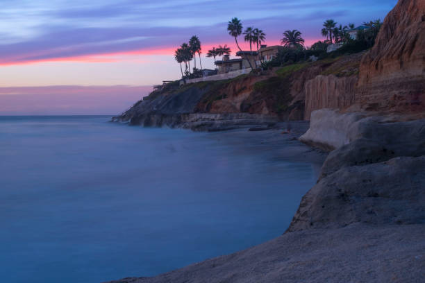 The sweeping coastline of Carlsbad California seen at dusk