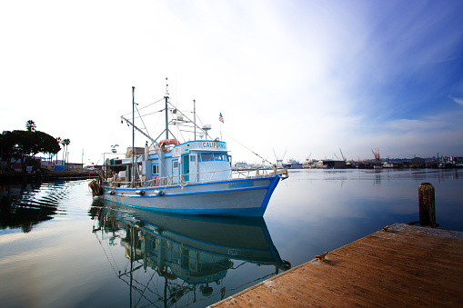 Long Beach, CA: A commercial fishing vessel named “California” arriving at a dock in early morning in Fish Harbor, with the Port of Los Angeles in the background.