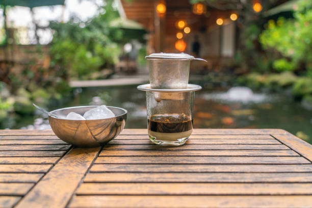 café de style vietnamien avec fond de réservoir de poissons - culture vietnamienne photos et images de collection