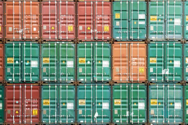 istock Colorful stack of container in industrial port. 1077847316