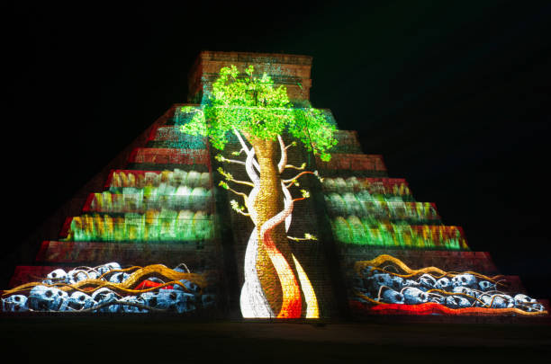 Light show on mayan pyramid in Chichen Itza. Mexico, Chichen Itza, Mexico - October 25, 2016 : Light show on mayan pyramid in Chichen Itza, Mexico, kukulkan pyramid photos stock pictures, royalty-free photos & images