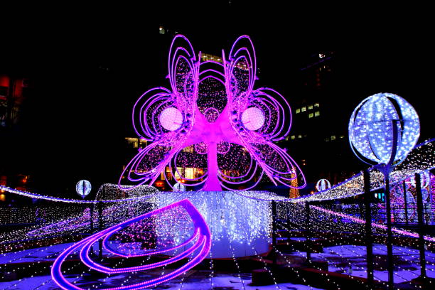 Title, Blooming · Fountain · Blooms  Hokkaido, Sapporo Odori Park, the landscape of the venue of White Illumination Odori 3-chome on December 2, 2018, the title, \