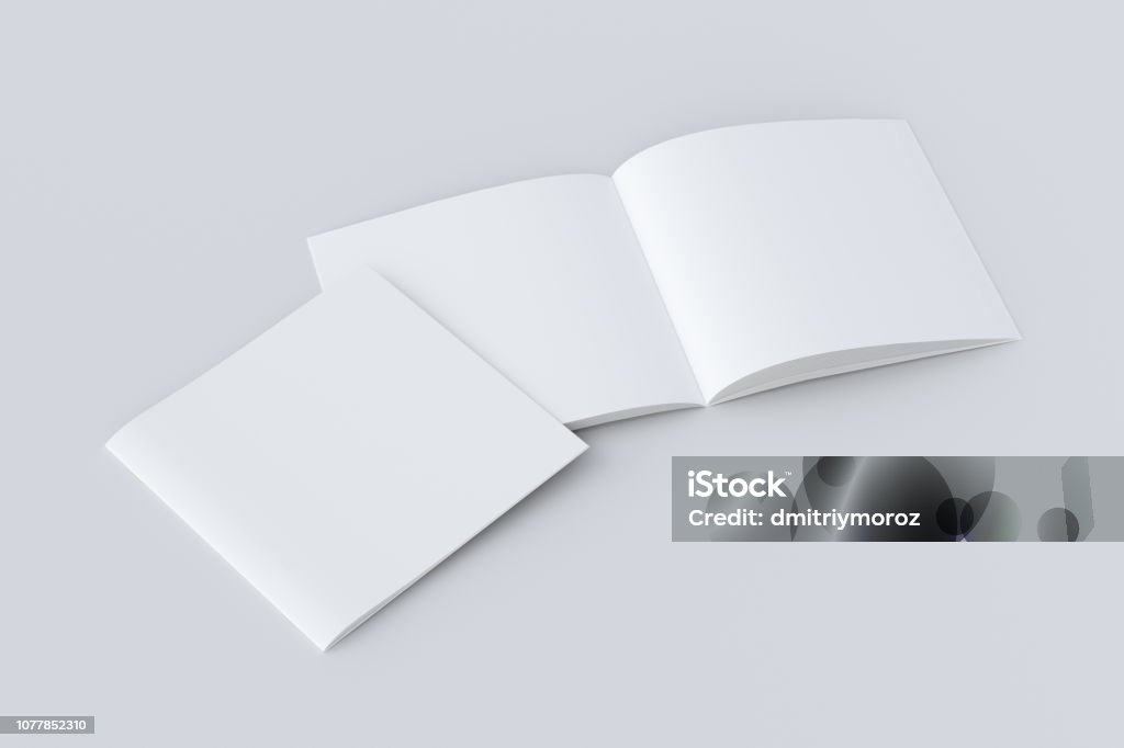 Open and closed  blank booklet Open and closed square blank booklet on white background with clipping path around booklets. 3d illustration Template Stock Photo