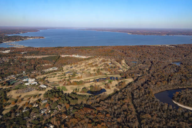 istock Aerial view of Lake reservior  that feeds into a river 1077852548