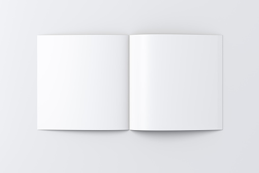 Open blank square booklet on white background with clipping path around booklet. 3d illustration