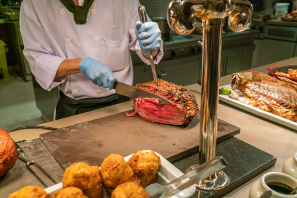 istock Chef cutting Prime rib steak with knife and fork 1077866846