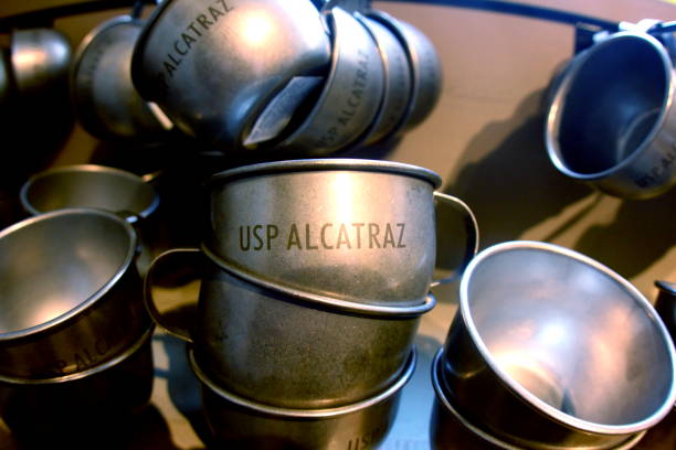metal cups from Alcatraz prison in San Francisco, California a picture of metal cups from Alcatraz prison in San Francisco, California alcatraz island stock pictures, royalty-free photos & images