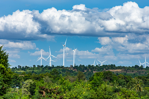 Wind turbines generate electricity on the Moutain at Chaiyaphum in Thailand.