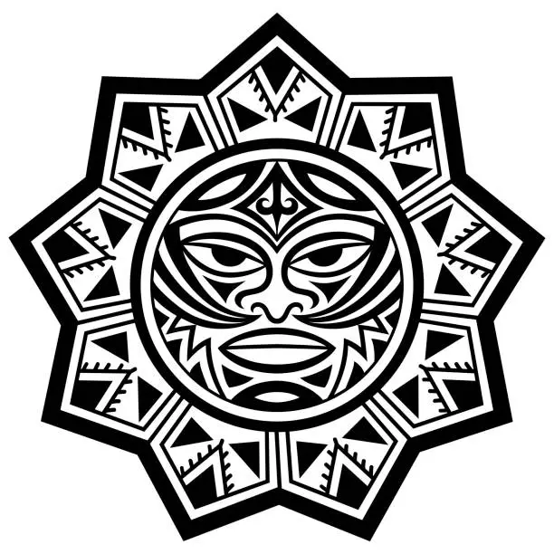 Vector illustration of Circular pattern in form of mandala with Thunder-like Tiki is symbol-mask of God. Traditional ornaments of Maori people - Moko style. Vintage decorative tribal border from elements of African theme.