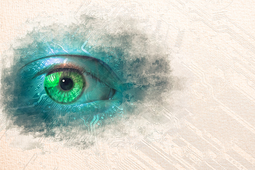 Stylized by watercolor sketch painting on a textured paper of data eye with technical background. One eye glows on a cirvuit board pattern with copy space for your text at the side.