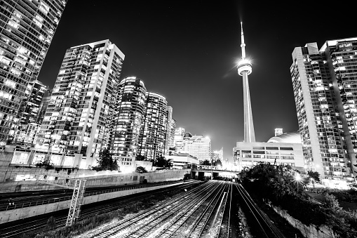 The Toronto city skyline in black and white.