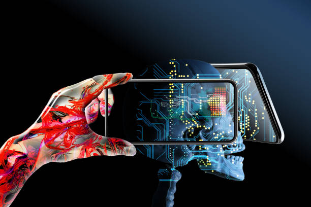 istock An artificial intelligence robot operates a smartphone or a tablet terminal and diagnoses the computer. Scanning the human body and do medical care and health care. 1077909198