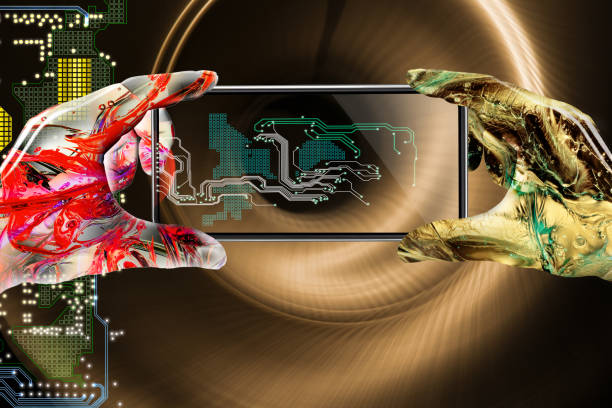 istock An artificial intelligence robot operates a smartphone or a tablet terminal and diagnoses the computer. Scanning the human body and do medical care and health care. 1077909268