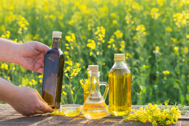 istock rapeseed oil on wooden table in field 1077911566