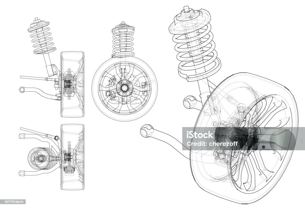 Car suspension with wheel tire and shock absorber Car suspension with wheel tire and shock absorber. Vector rendering of 3d. Wire-frame style. The layers of visible and invisible lines are separated Car stock vector