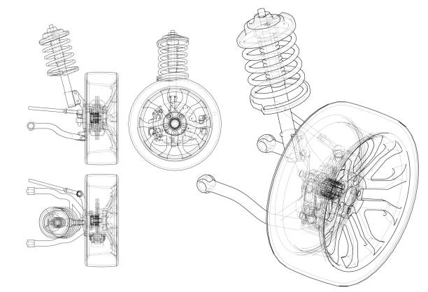 Car suspension with wheel tire and shock absorber Car suspension with wheel tire and shock absorber. Vector rendering of 3d. Wire-frame style. The layers of visible and invisible lines are separated tire vehicle part stock illustrations