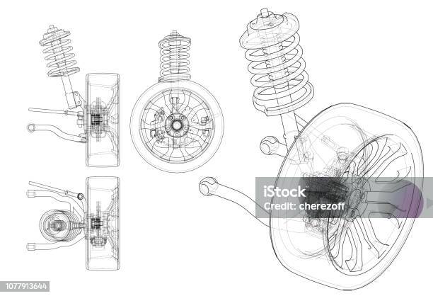 Car Suspension With Wheel Tire And Shock Absorber Stock Illustration - Download Image Now - Car, Vehicle Part, Blueprint