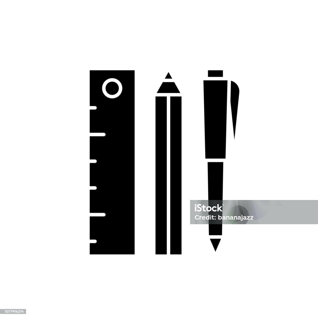 Ruler, pencil and pen black icon, vector sign on isolated background. Ruler, pencil and pen concept symbol, illustration Ruler, pencil and pen black icon, concept vector sign on isolated background. Ruler, pencil and pen illustration, symbol Art stock vector