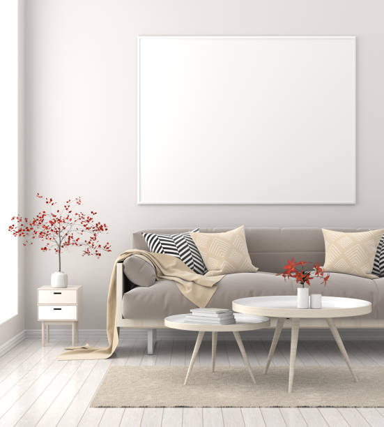 istock Mock up poster frame in Scandinavian style hipster interior. 3D illustration 1077916734