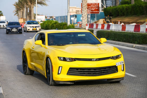 Chevrolet Camaro Dubai, UAE - November 16, 2018: American muscle car Chevrolet Camaro in the city street. Chevrolet stock pictures, royalty-free photos & images