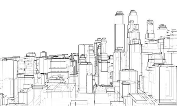 Vector illustration of Wire-frame City, Blueprint Style. Vector