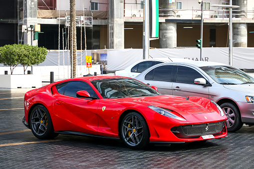 Dubai, UAE - November 16, 2018: Italian sportscar Ferrari 812 Superfast in the city street.