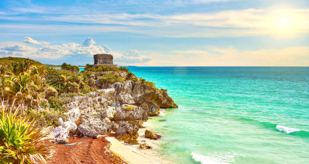 Ruins of Tulum Caribbean coast of Mexico - Quintana Roo - Cancun - Riviera Maya yucatan stock pictures, royalty-free photos & images