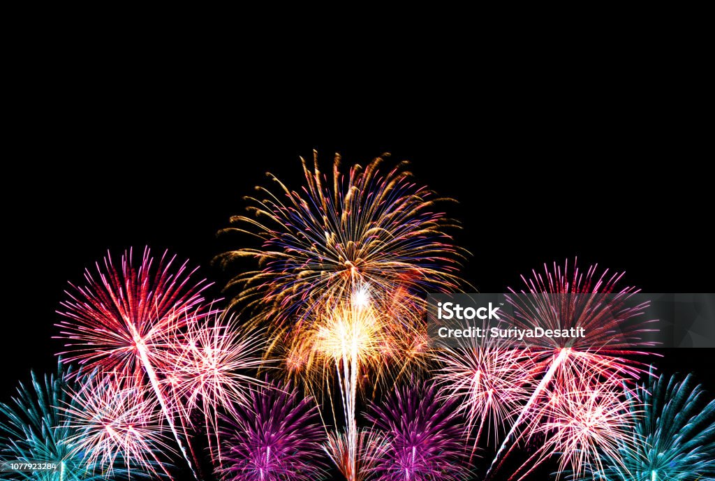 Group of colorful fireworks on dark background. Group of colorful fireworks on dark background for celebration background. Firework Display Stock Photo