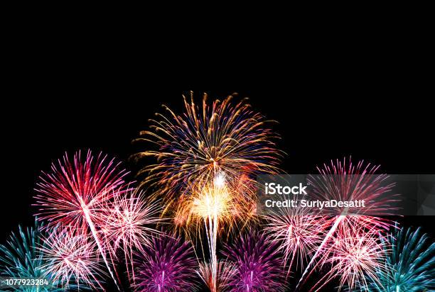 Group Of Colorful Fireworks On Dark Background Stock Photo - Download Image Now - Firework Display, Sparkler - Firework, Cut Out