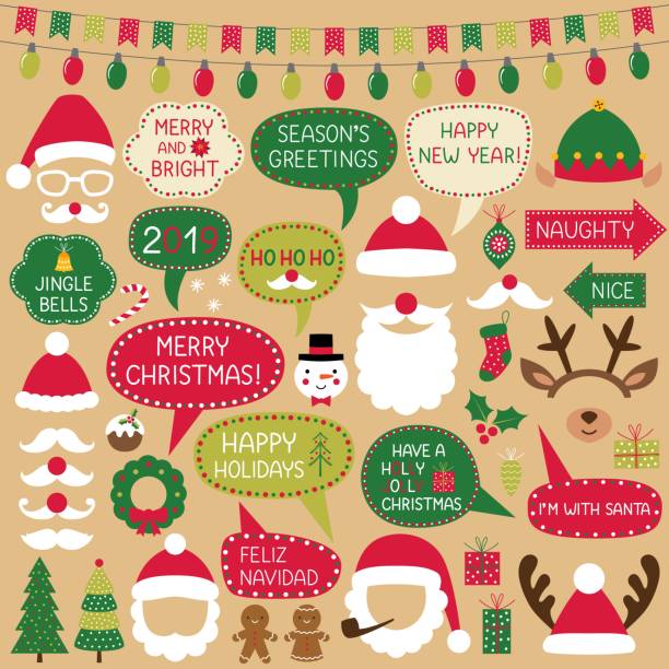 Christmas speech bubbles, Santa Claus hats and decoration, photo booth props Christmas speech bubbles, Santa Claus hats and decoration, vector photo booth props photo booth stock illustrations